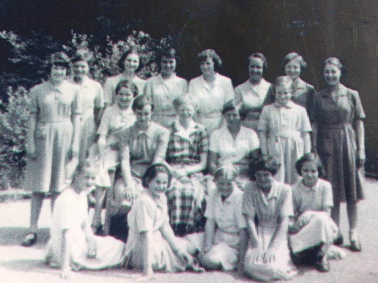 Ingrid, third from left at back, Joanna, second from left at front, Belinda, on right at front. Miss Gillies, centre, circa 1958