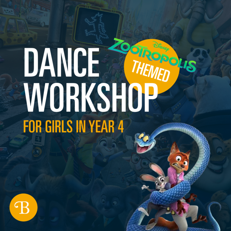 Zootropolis-themed poster promoting a dance workshop for Year 4 girls, with bold 'DANCE WORKSHOP' text and an orange circular logo.