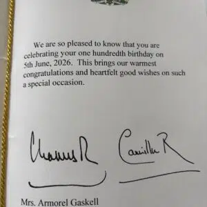 Formal card with royal crest, congratulating a 100th birthday on 5 June 2026; signed by Mrs. Armorel Gaskell.