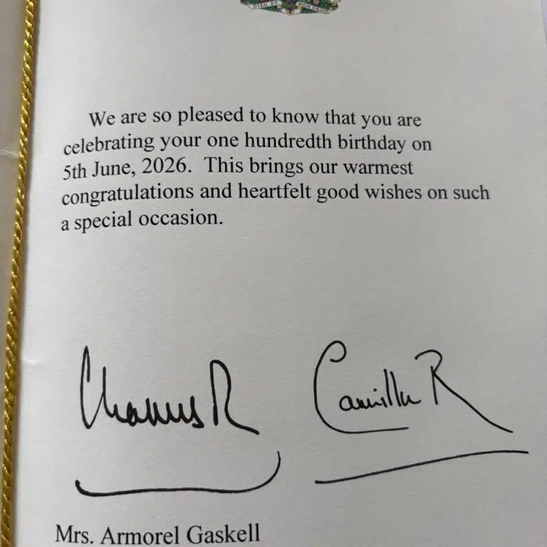 Formal card with royal crest, congratulating a 100th birthday on 5 June 2026; signed by Mrs. Armorel Gaskell.