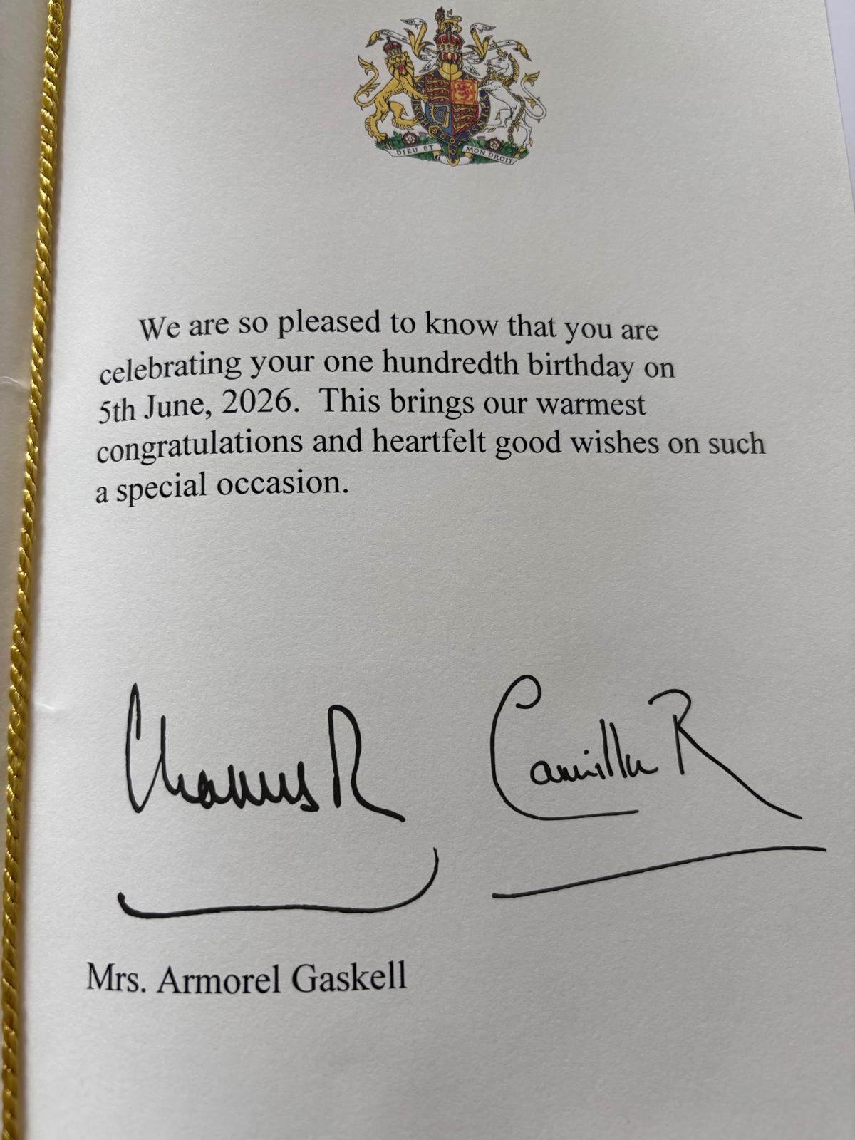 Formal card with royal crest, congratulating a 100th birthday on 5 June 2026; signed by Mrs. Armorel Gaskell.